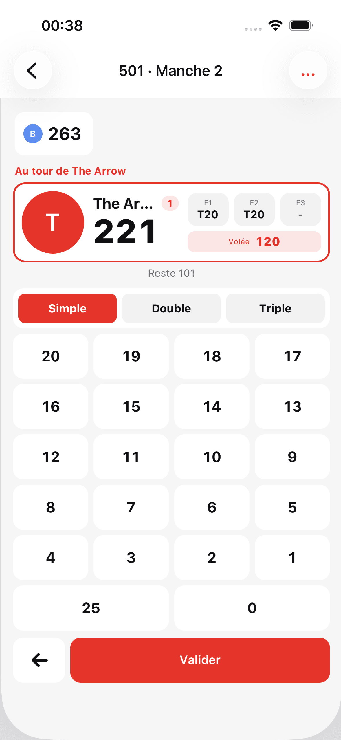 Compteur Triple20 pendant une partie de fléchettes en 501